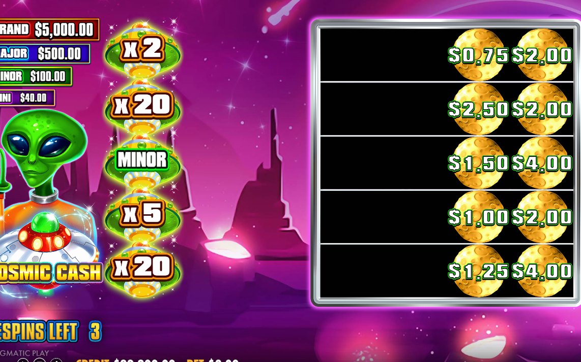 Cosmic Respins screen with MONEY symbols and blanks