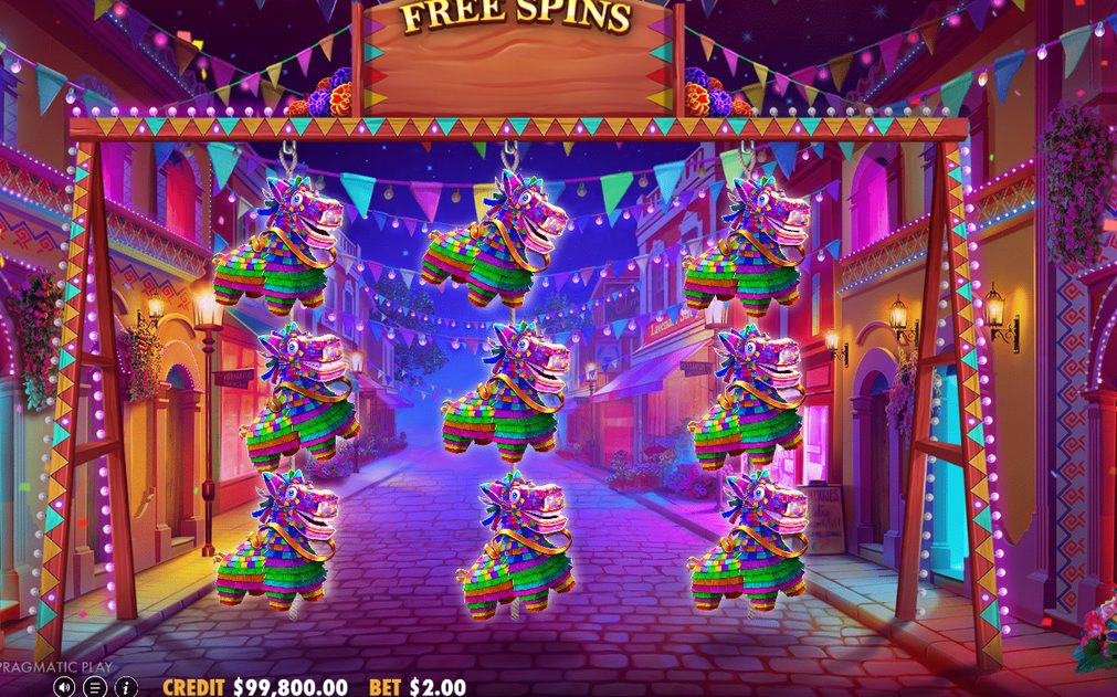 Free Spins round with pinatas grid showing spin counts